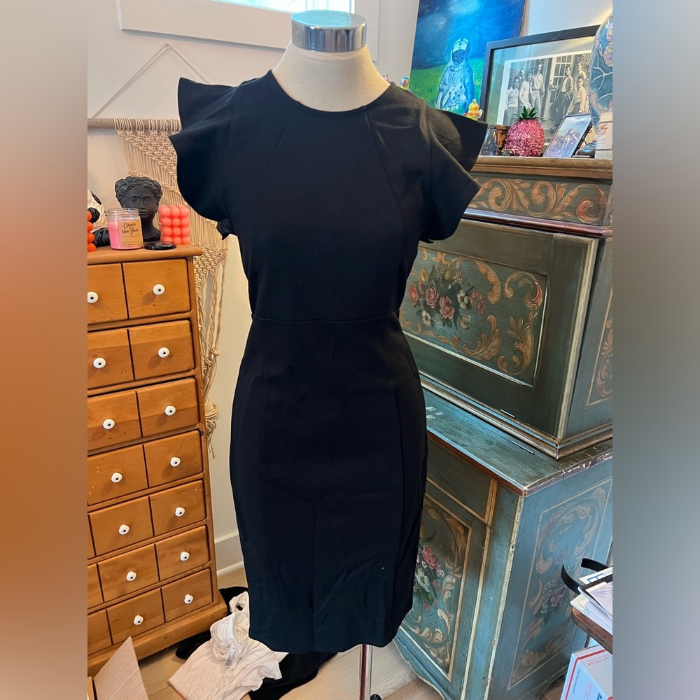 NWOT black bodycon midi dress with flutter sleeves